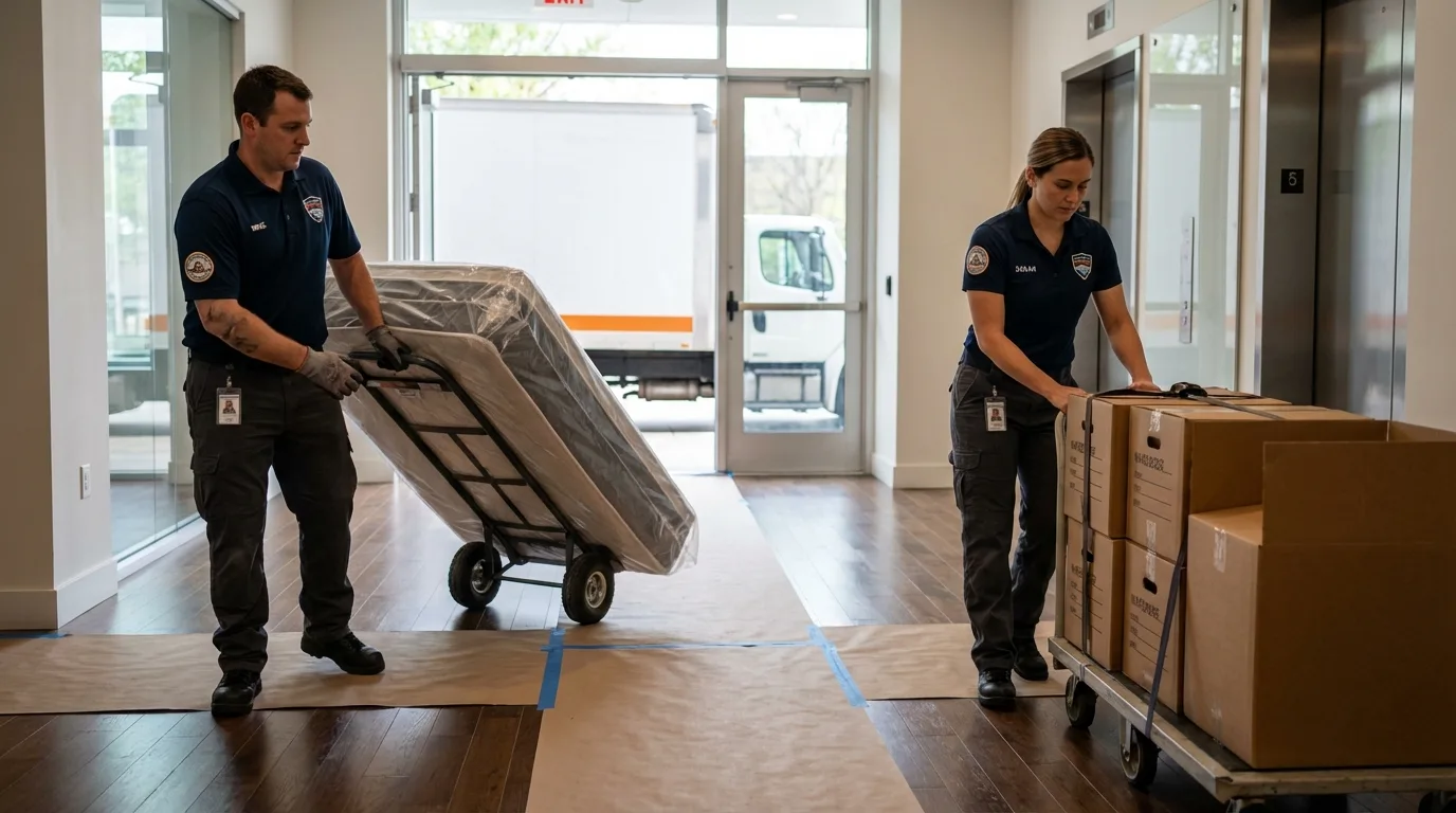 Professional apartment movers loading elevator in Tannersville, PA