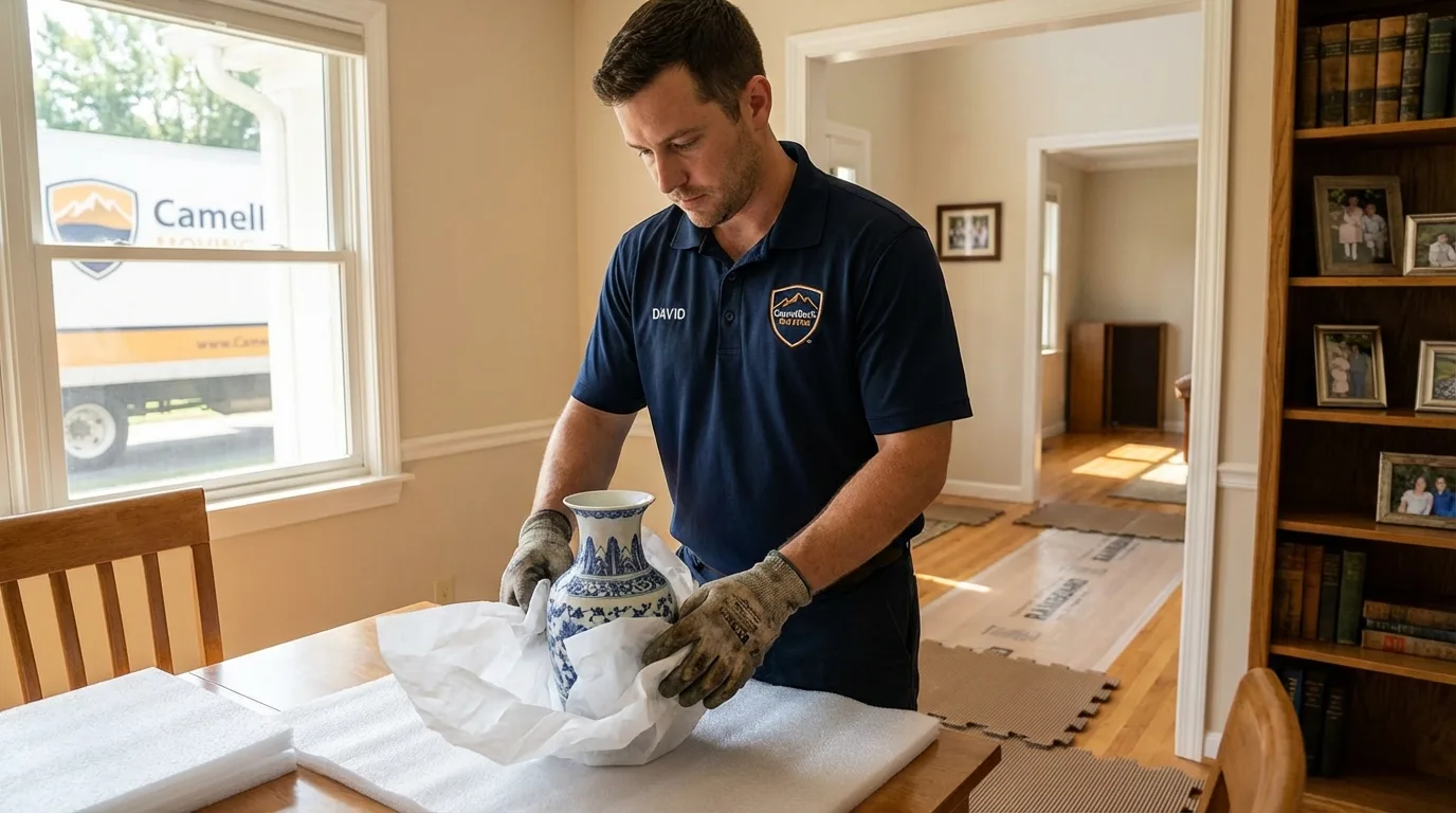 Professional crew carefully wrapping antique vase for senior downsizing move in Tannersville, PA